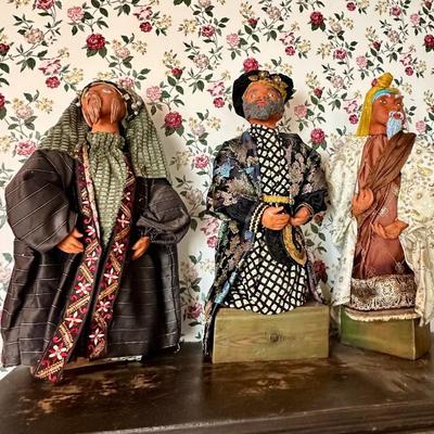 Three Kings pottery heads, cloth bodies with wooden bottom.