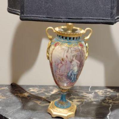 SEVERES influenced painted vase mounted as a table lamp.