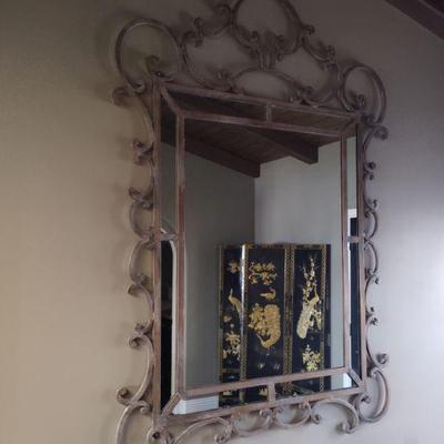 Scrolled wrough- iron wall mirror