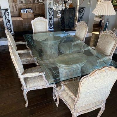 Glass top dining table w/6 chairs.  LOUIS XV influenced styling.