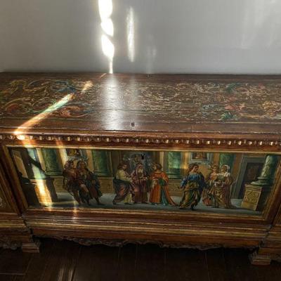 Painted Casssone.  Hand painted Florentine scrolls and scenic panels.  All 4 sides
60 x 26 x 21