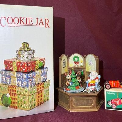 Vintage Metallic Ceramic Present Cookie Jar, 83’ Scioto Christmas Eve Music Box & Tin Car Ornament