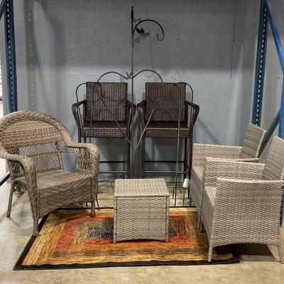 Vinyl Rattan Like Patio Set Including Cobra Arm Bar Stools, Royalty 110x160 Rug, Shepherd Hooks