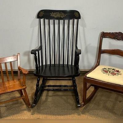 Papa, Mama & Baby Wooden Rocking Chairs - Post And Carved Needlepoint