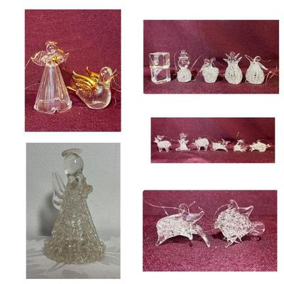 14 Glass Ornaments Including 12 Handspun Mini Figures - Angel,Dove, Fish, Animals, Fruit