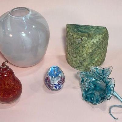 1985 Maxwell Crystal Pear, 1985 Signed Art Glass Egg, Vintage Marble Alabaster, Venetian Murano Art