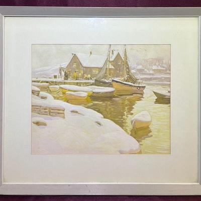 Vintage Anthony Thieme Seaside Boats Fisherman Framed Print 22”x19”