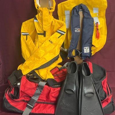 Come Sail Away! Inflatable Life Jacket, NRS Dry Jacket, Skin Diver Swim Fins And Rolling Backpack