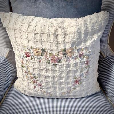 White embroidered chenille pillow