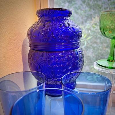 Vintage cobalt blue glass with grape detail