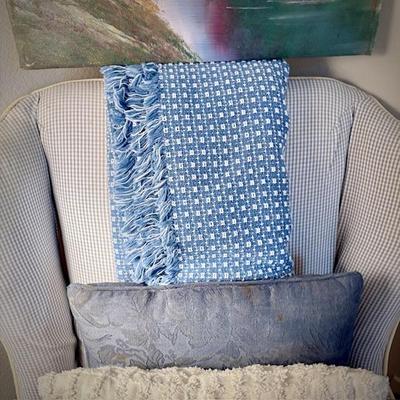 Blue gingham armchair with white trim/welting
