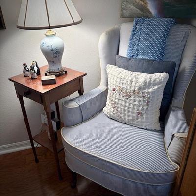 Blue gingham armchair with white trim/welting