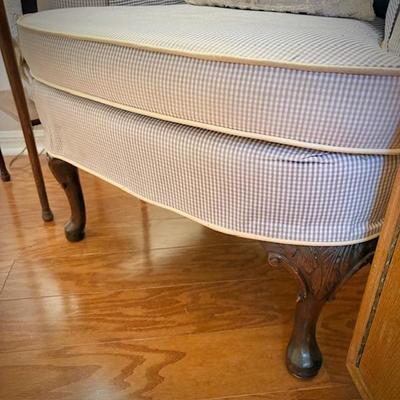 Blue gingham armchair with white trim/welting