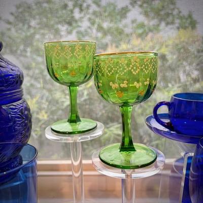 Vintage Bohemian Czech green and gold glasses