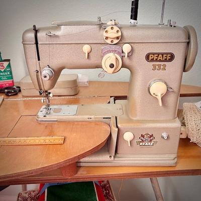 Vintage late 1950s Pfaff 332 sewing machine with MCM wood and metal table