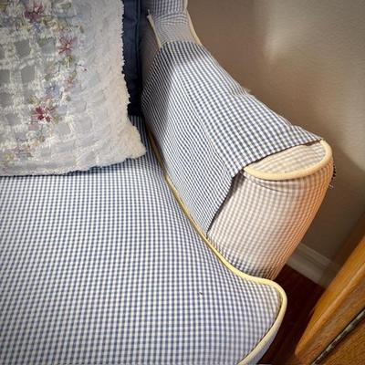 Blue gingham armchair with white trim/welting