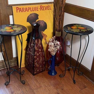 Collection Of Decor: Two Plant Stands, Metal Floor Vase, Glass Floor Base, Parspluie-Revel Wall Art
