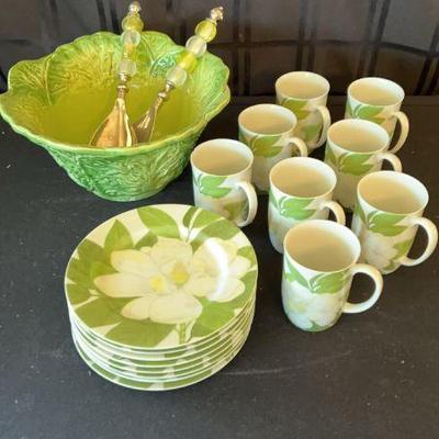 Fitz And Floyd Set Of 8 Plates And Cups, J Wilfred Salad Bowl And Utensils
