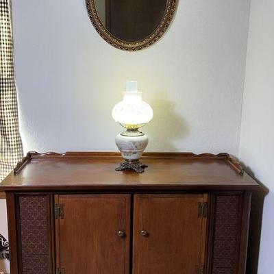 Vintage Wood Double Door Cabinet, Vintage Electric Oil Lamp, Oval Mirror
