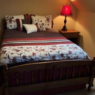 Solid Appalachian Oak Nightstand, Full-Size Bed Frame, Mattress, Bedding, & Lamp
