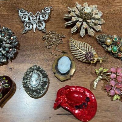 Monet Ring Box, Hobe Cameo Locket, Assorted Pins

