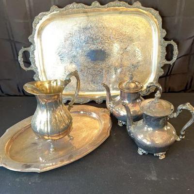 Silver Plated Tea, Coffee, Water Pitcher And 2 Serving Trays
