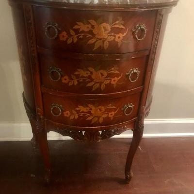 antique inlaid marble top Demi lune chest $295
23 1/2 X 13 X 30"