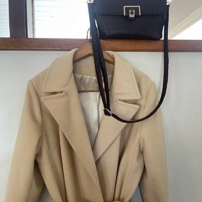 Women s cream colored cashmere coat and faux leather purse
