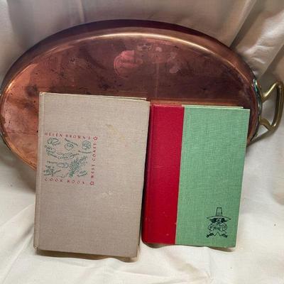 Helen brown 1st editon signed cookbooks and copper fish dish