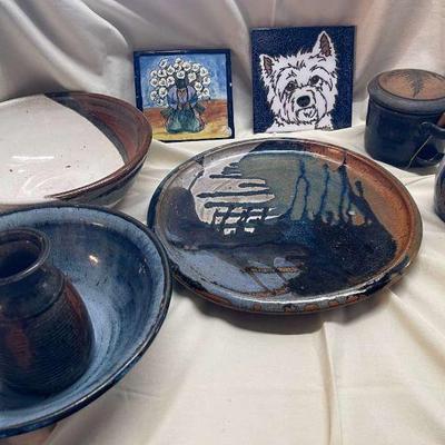 Stoneware pottery in blues and browns