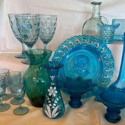 Blue green glass kennedy plate hand painted vase & more
