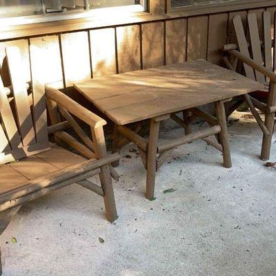 Rustic painted wood pair of chairs and table