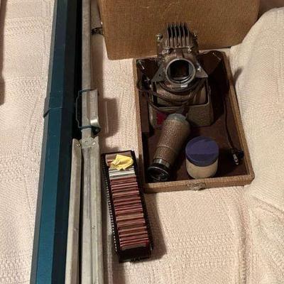 Vintage 1940 s golde slide projector with case, screen, slides & such