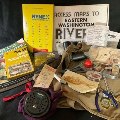 Martin usa model 65 fly reel flies ,river maps & other fishing items.