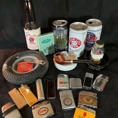 Briar pipe collectible lighters, beer cans, ashtrays, & playing cards