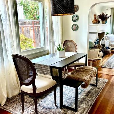 Dining room table, chairs and rug