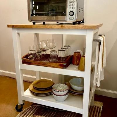 Kitchen cart, cuisinart toaster oven and kitchen items