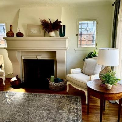 Chair, side table and curtains