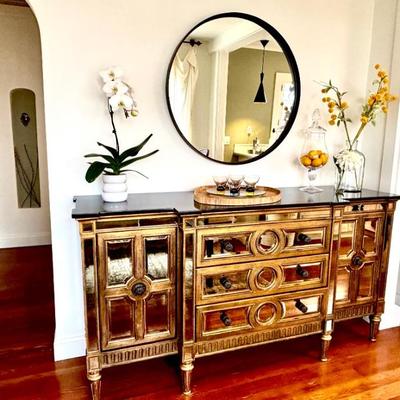 Side bar, barware and round mirror