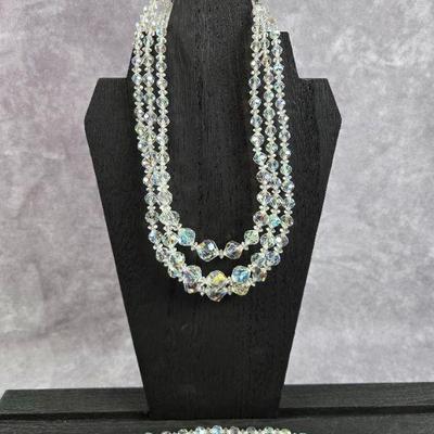 Vintage Aurora Borealis Three Strand Necklace With Matching Bracelet