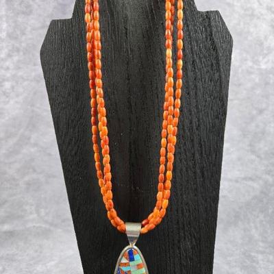 Jay King Dtr 925 Coral Necklace And Lapis, Mother Of Pearl, And Turquoise Pendant 