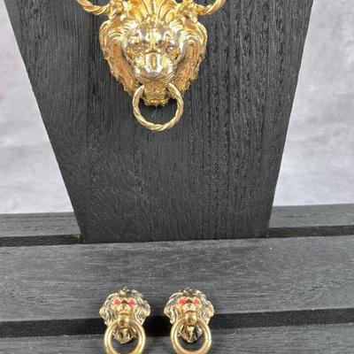 Accessocraft Nyc Chain With Lion Head Necklace With Bergere Lion Clip Earrings