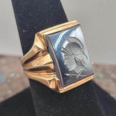 10k Gold Intaglio Knight Cameo Carved Hematite Ring Size 8