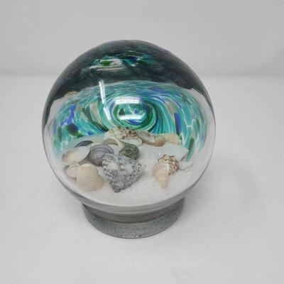 Art Glass Orb 4" Paperweight Filled With Sand & Seashells