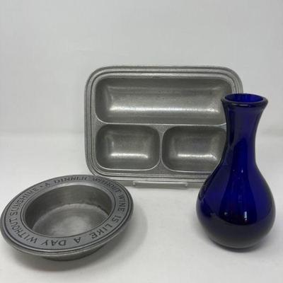 Vintage Pewter Vessels & Cobalt Vase
