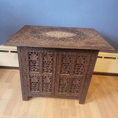 Detailed Carved Wood & Inlay Side Table