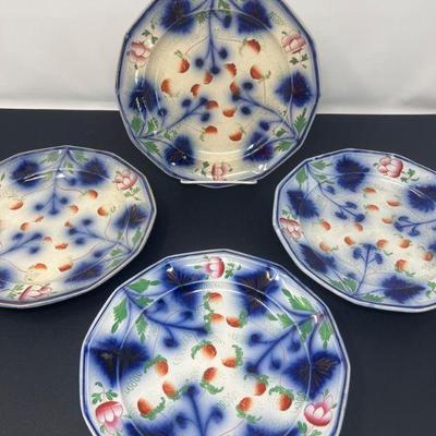 Flow Gaudy Ironstone Strawberry Flow Blue Salad Plates c1850s