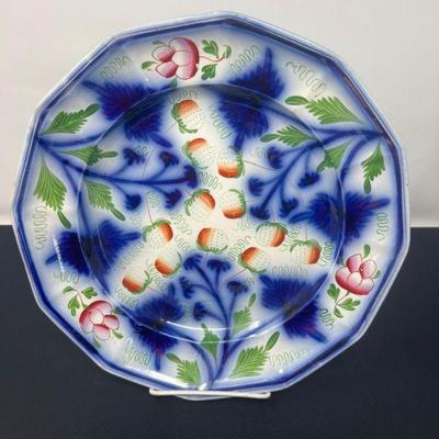 Gaudy Ironstone Flow Blue Strawberry Plate c1853-71