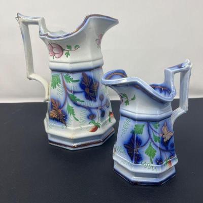 Antique Flow Blue Goudy Ironstone Strawberry Pitcher c1850s