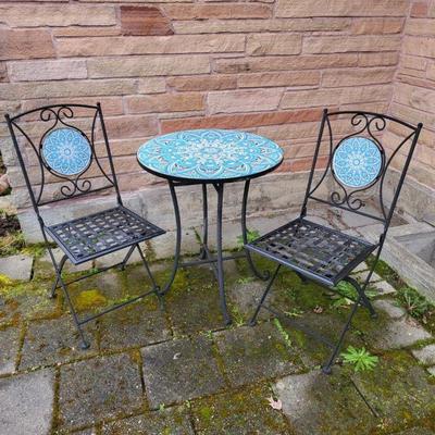 Mosaic Iron Patio Bistro Table & Two Chairs